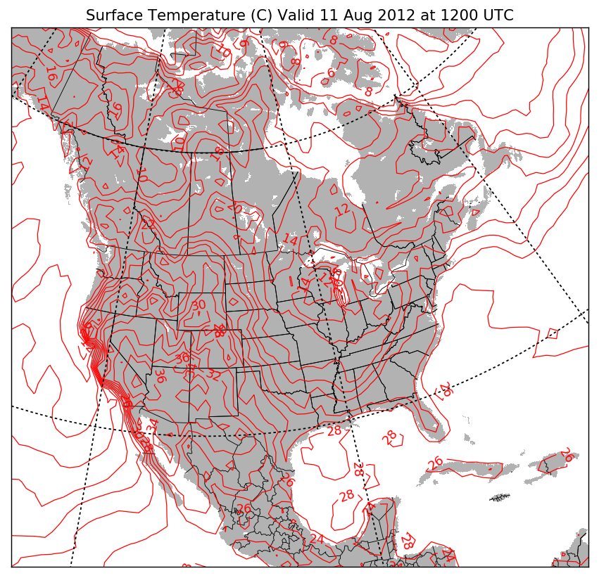 Python-generated plot of surface temperature from NetCDF data