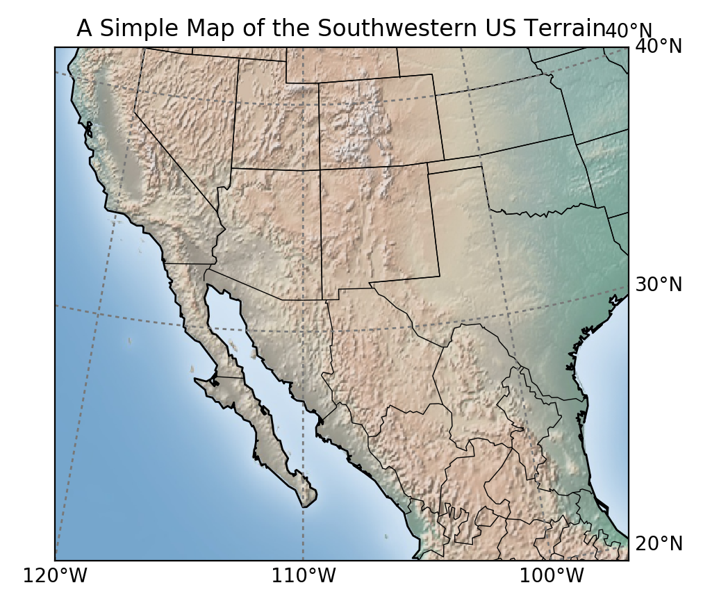 Python GIS map zoomed in on the souhtwestern United States and northern Mexico