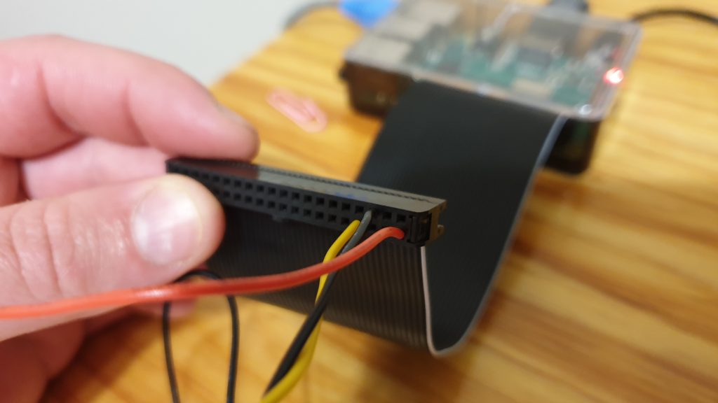 Sensor wires attached to the Raspberry Pi's GPIO ribbon cable