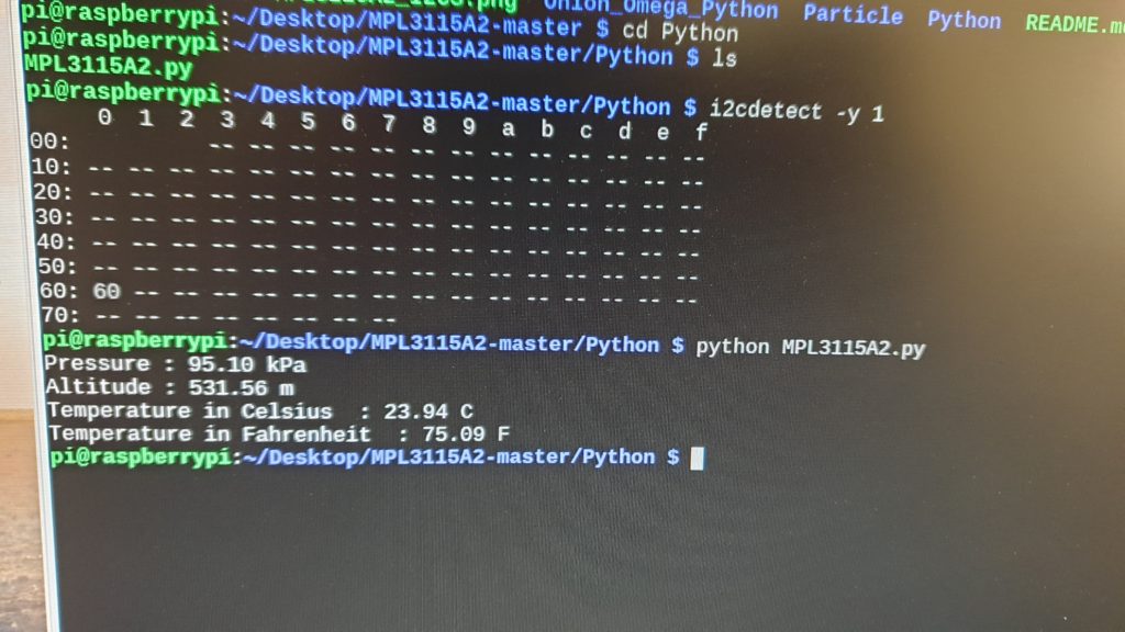 Test script output showing pressure, altitude, and temperature