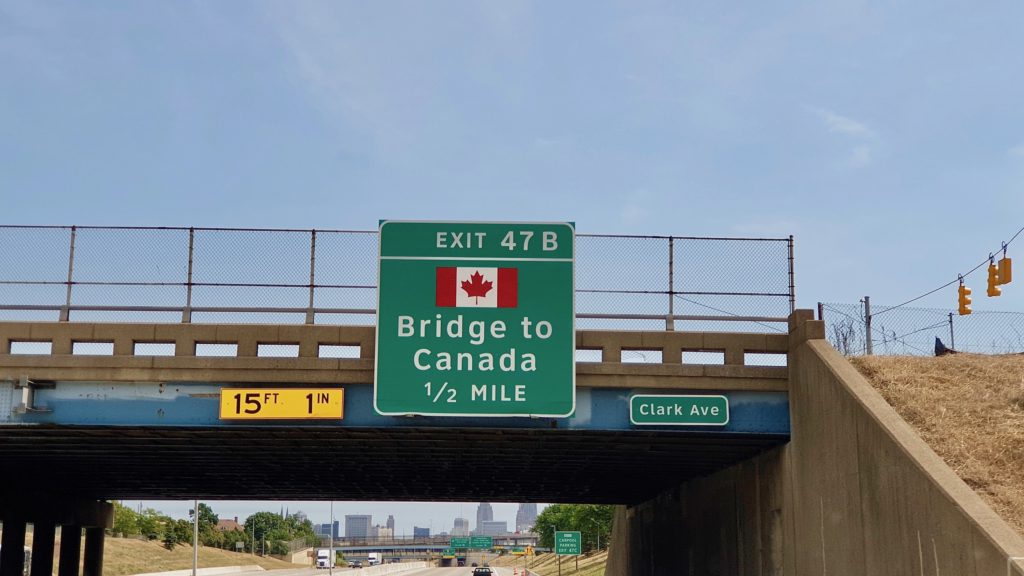 Exit for the Ambassador Bridge to Canada on I-75 in Detroit