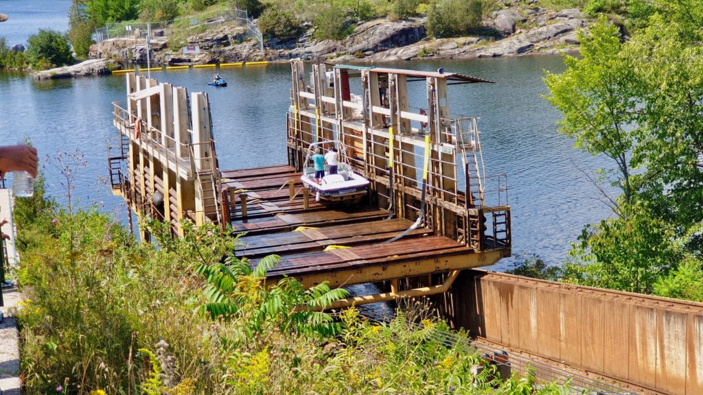 The Big Chute Marine Railway descends into the Trent-Severn Waterway