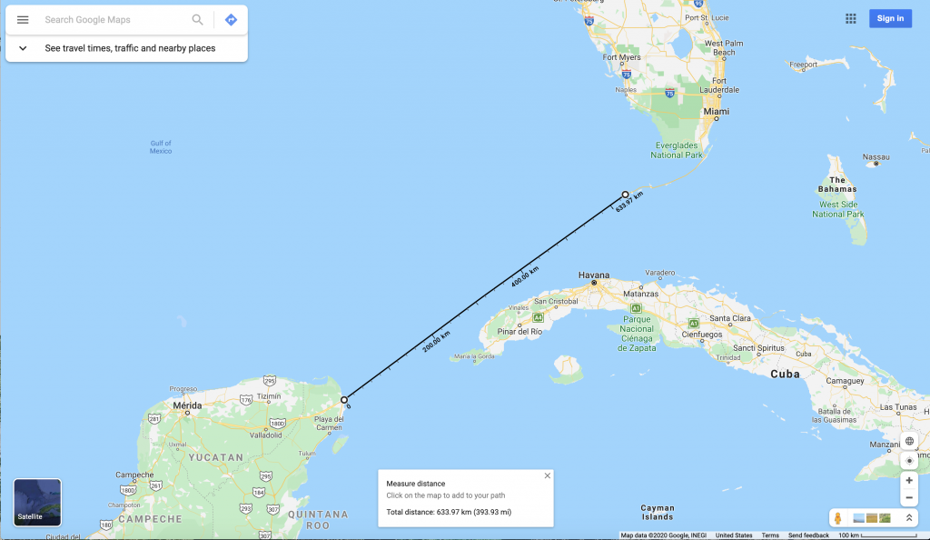 Map showing the distance from Cancun, Quintana Roo to Key West, Florida