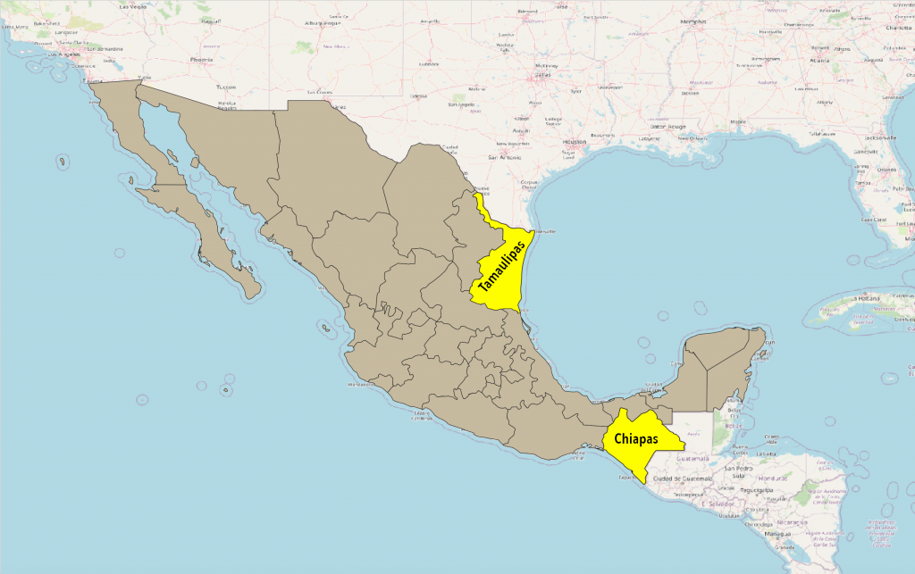 Map depicting Mexico's Chiapas and Tamaulipas states.