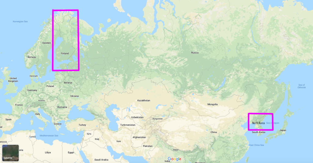 Geography showing Russia between Finland and North Korea