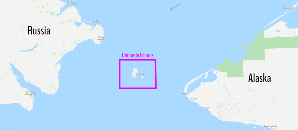 Map showing the Diomede Islands, which are the closest land points between Russia and the United States