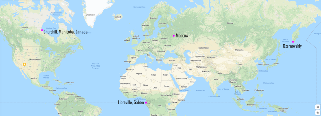 Map showing Moscow, Ozernovskiy (Russia), Libreville (Gabon), and Churchill (Canada)