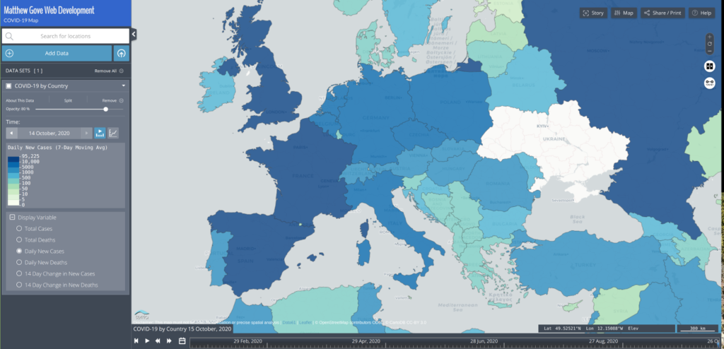 Map depicting the surge in new daily COVID-19 cases in Europe