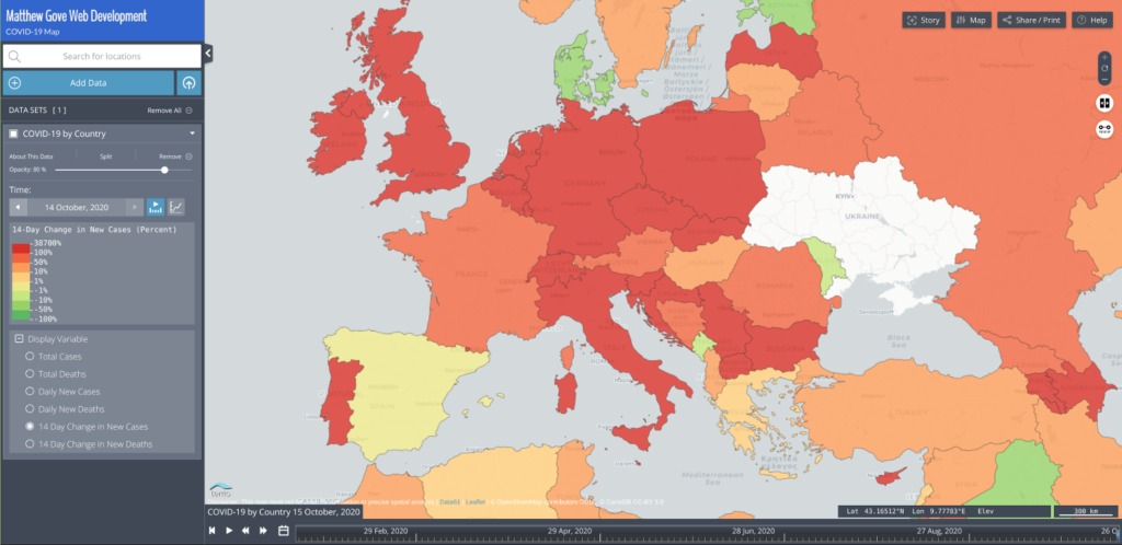 Map depicting the two-week percent change in new COVID-19 cases in Europe