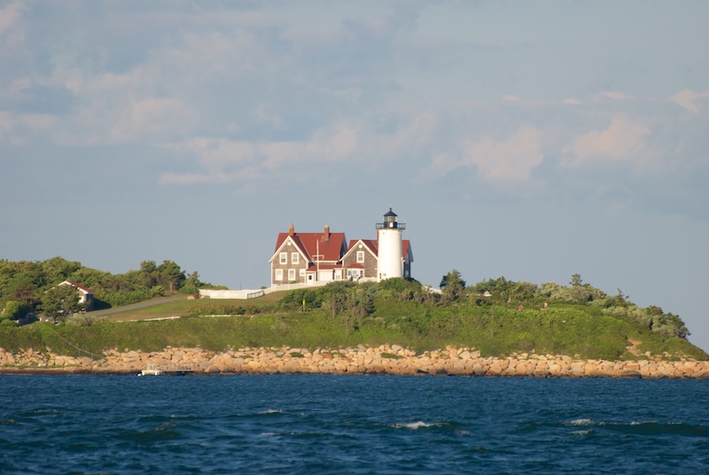 An on the water view of Nobska Lighthouse in Woods Hole, Massachusetts