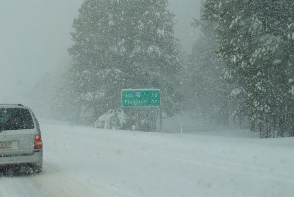 Blizzard conditions on Interstate 17 near Flagstaff, Arizona