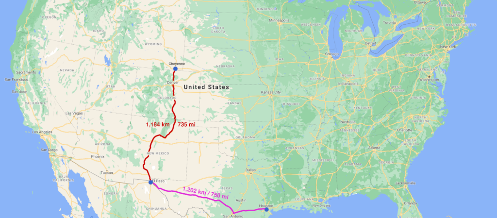 Map showing driving distances from El Paso to Cheyenne and Houston.
