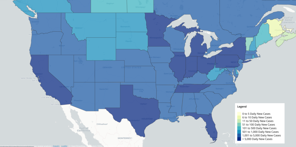 COVID-19 map of new daily cases by US State