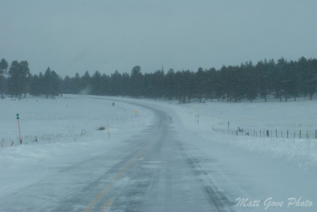 Heavy snow falls along US-180 near Flagstaff, Arizona