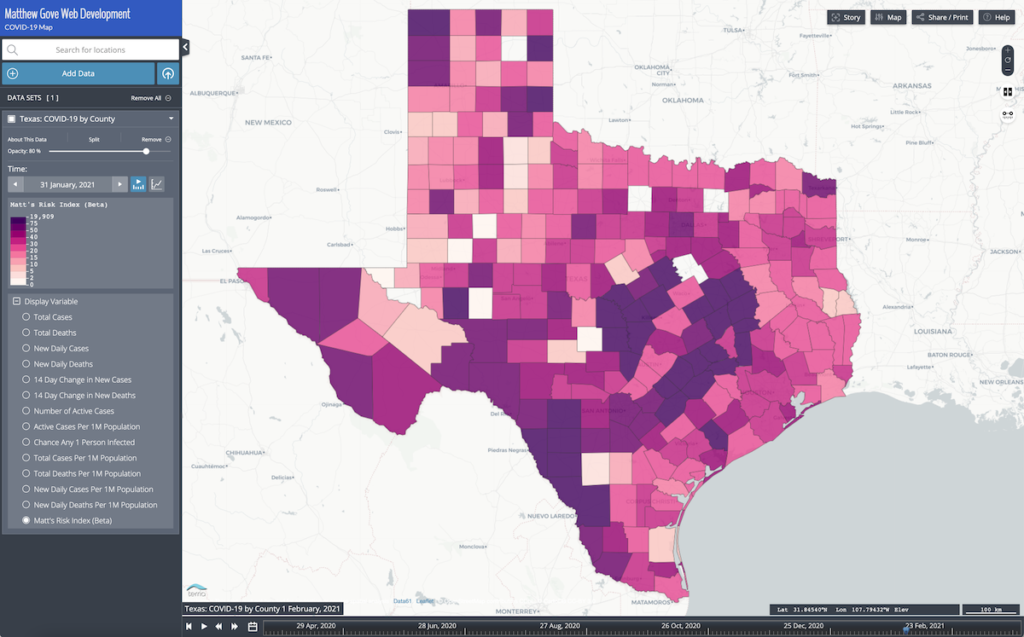 Map of Matt's COVID-19 Risk Index for Texas Counties