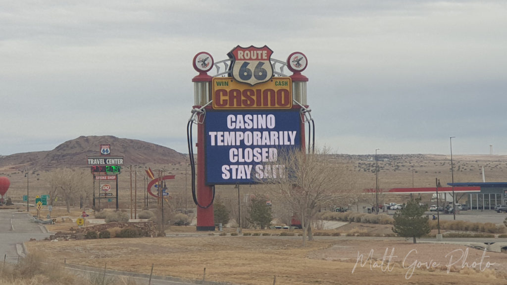Electronic sign stating casino is temporarily closed due to COVID-19 near Albuquerque, New Mexico