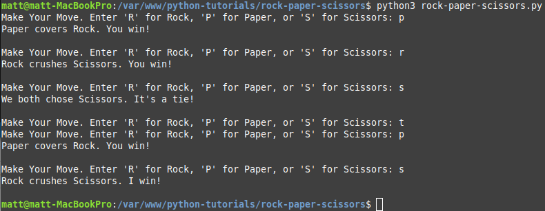 Screenshot of a Terminal window playing the Rock, Paper, Scissors Python game.