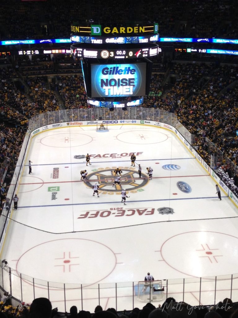 Opening faceoff at a Boston Bruins game vs. the Arizona Coyotes in 2015.