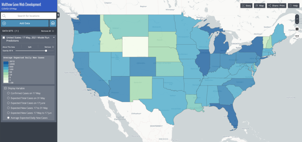 Map of projected average new daily COVID-19 cases in the United States between 17 and 31 May, 2021