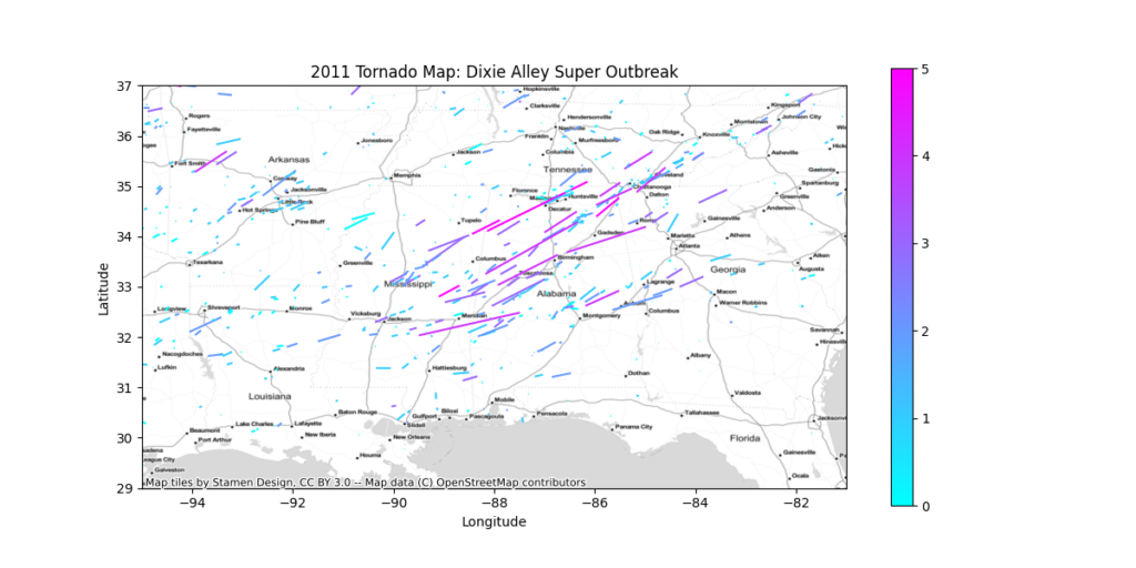 2011 tornado paths across the southeastern United States, created with Python GeoPandas.