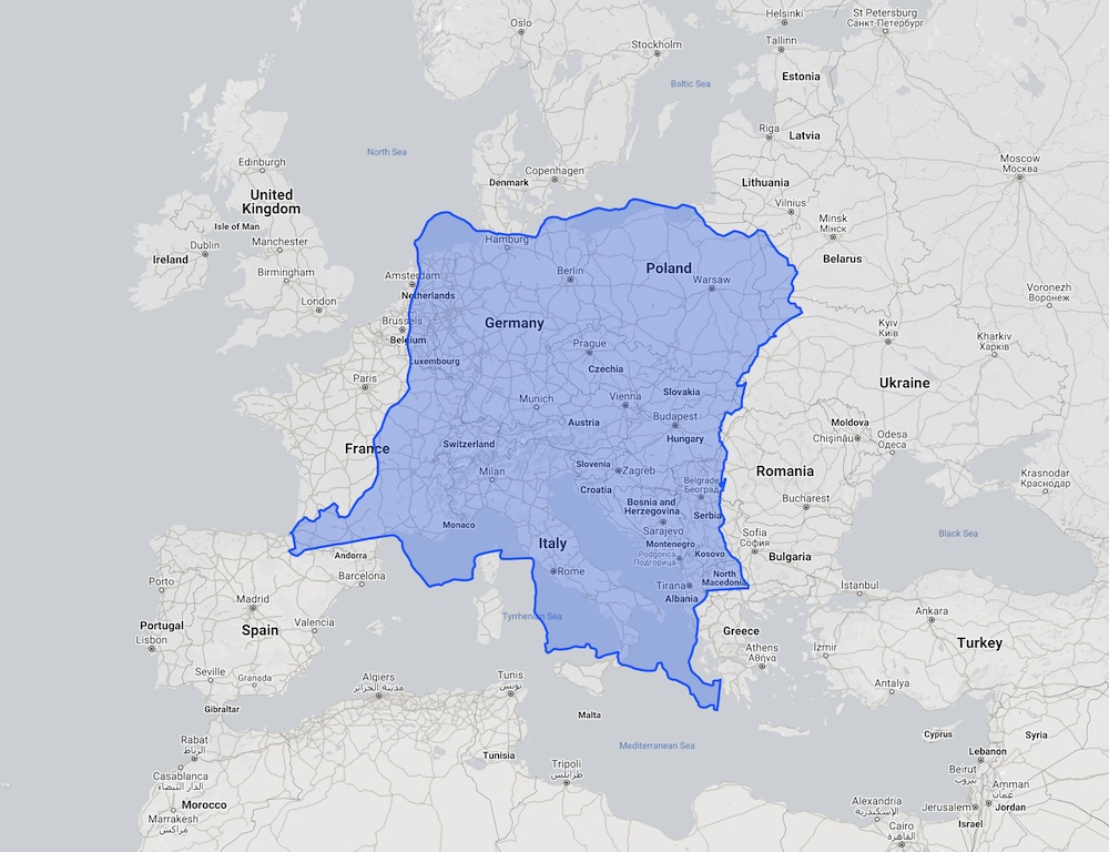 Outline of DR Congo overlayed over Europe