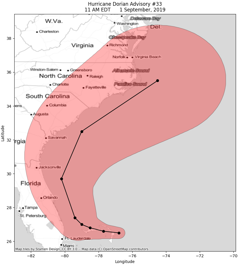 GeoPandas map of Hurricane Dorian's cone of uncertainty, with greyscale basemap.