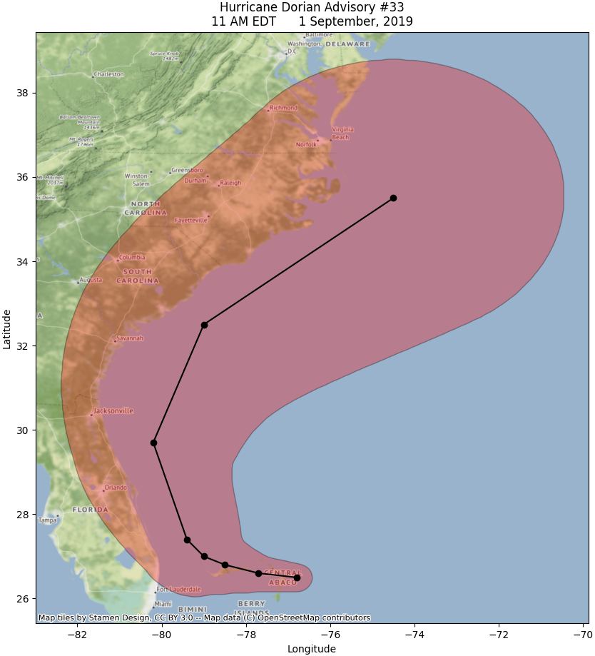 GeoPandas map of Hurricane Dorian's cone of uncertainty, with colored basemap.