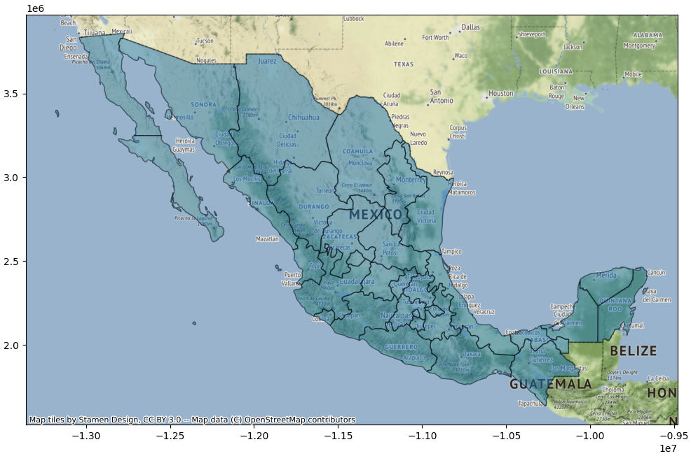 Map of Mexican State borders, created with GeoPandas.