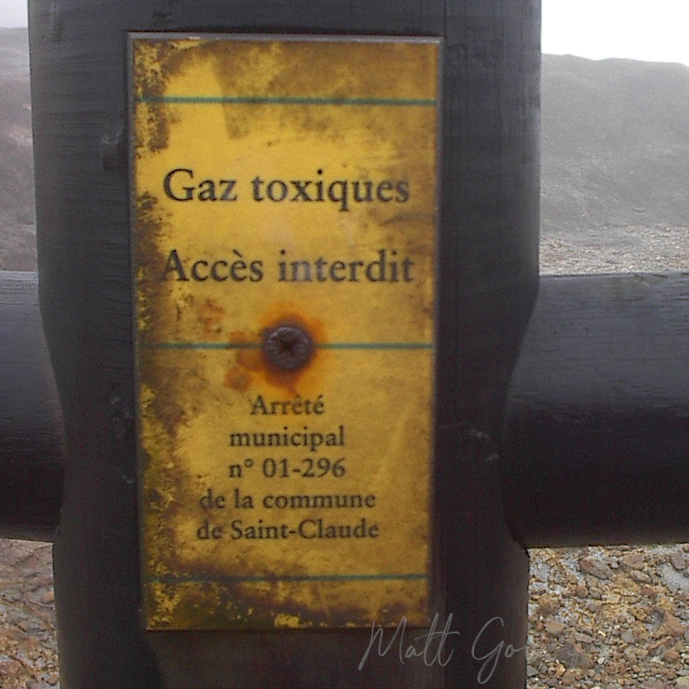Warning sign for toxic gas at the summit of La Soufrière Volcano in Guadeloupe