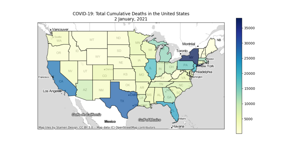 Choropleth Map of Cumulative COVID-19 Deaths in the United States on 2 January, 2021