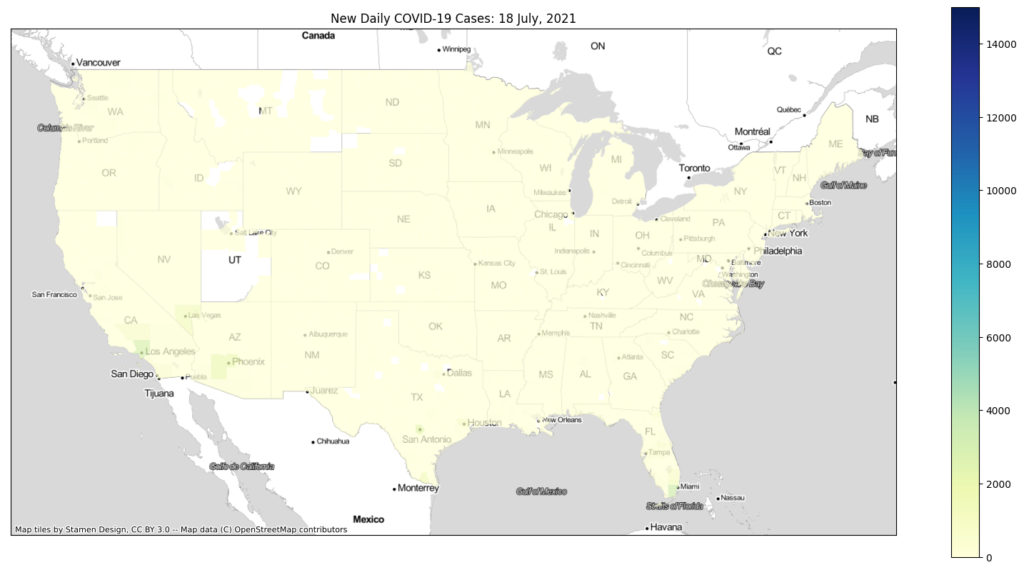 Disinformation COVID-19 Daily New Cases Map with Manipulated Color Bar makes it appear there's no COVID-19