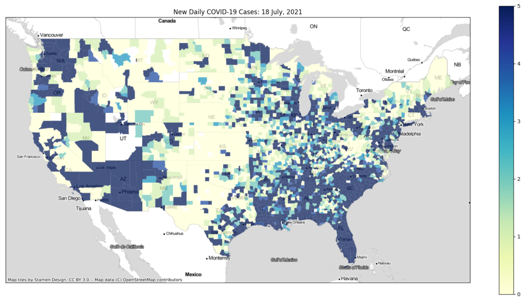 Disinformation COVID-19 Daily New Cases Map with Manipulated Color Bar to Show It Worse than it actually is