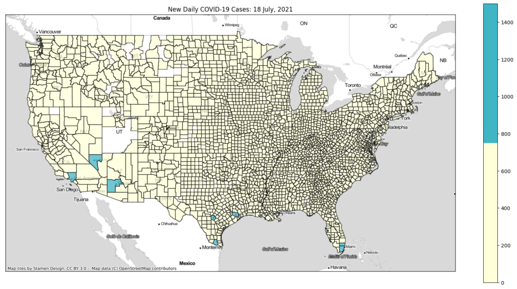 COVID-19 New Daily Case Map: reducing the number of colors in the color bar spreads disinformation.