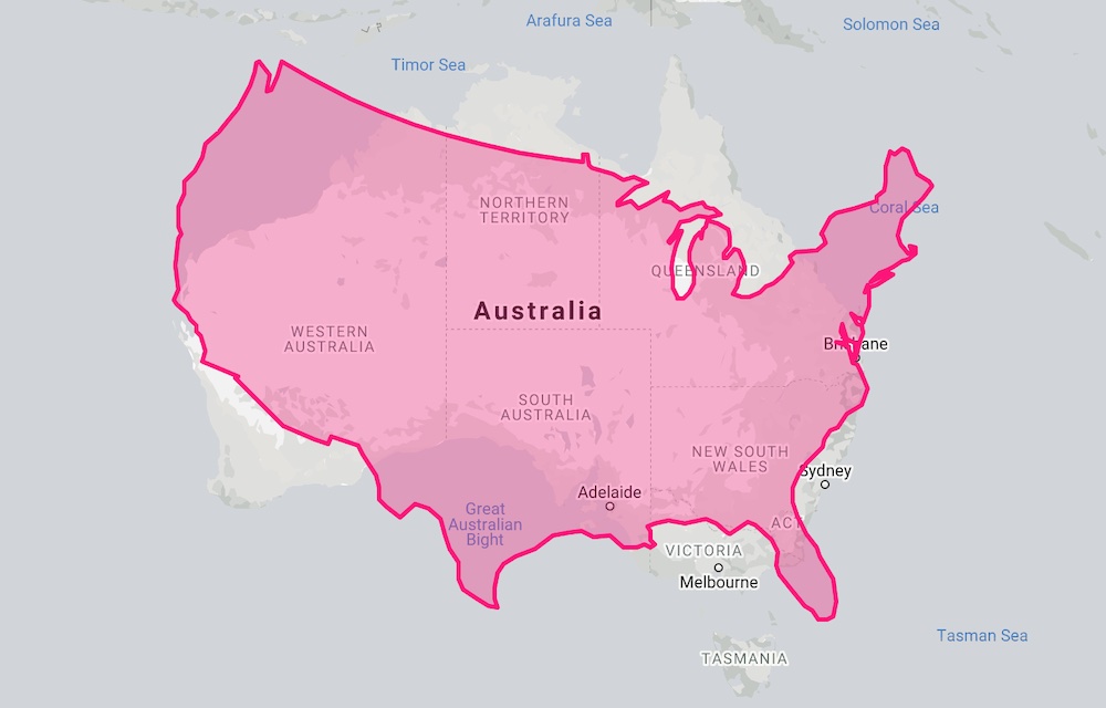 Map of the United States overlayed on top of Australia