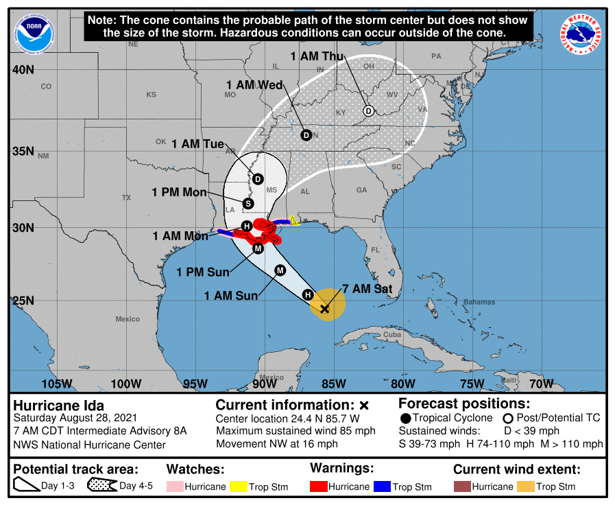 National Hurricane Center forecast cone for Hurricane Ida as of 7 AM CDT on Saturday, 28 August, 2021.