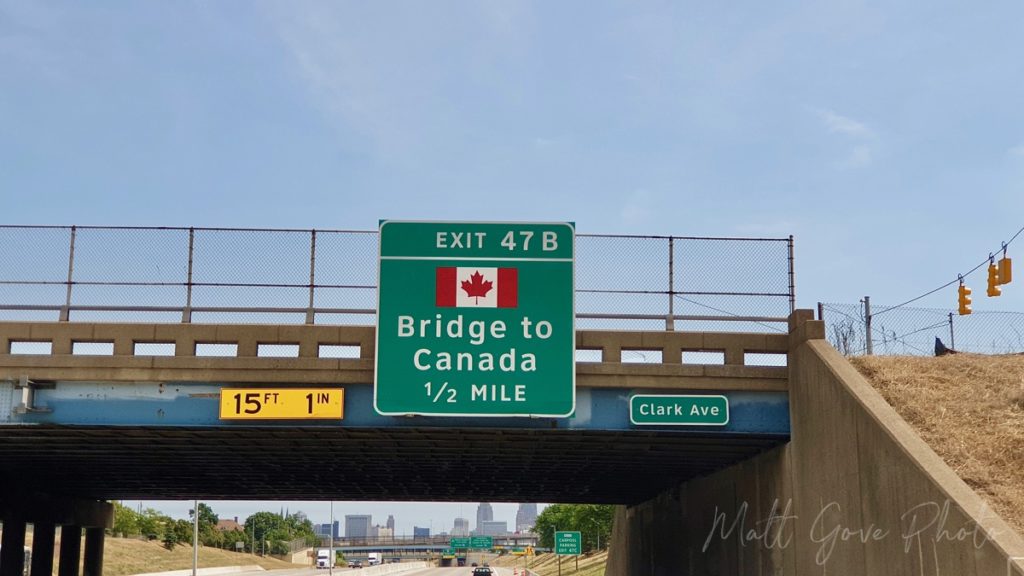 Sign for the Ambassador Bridge to Canada in Detroit, Michigan