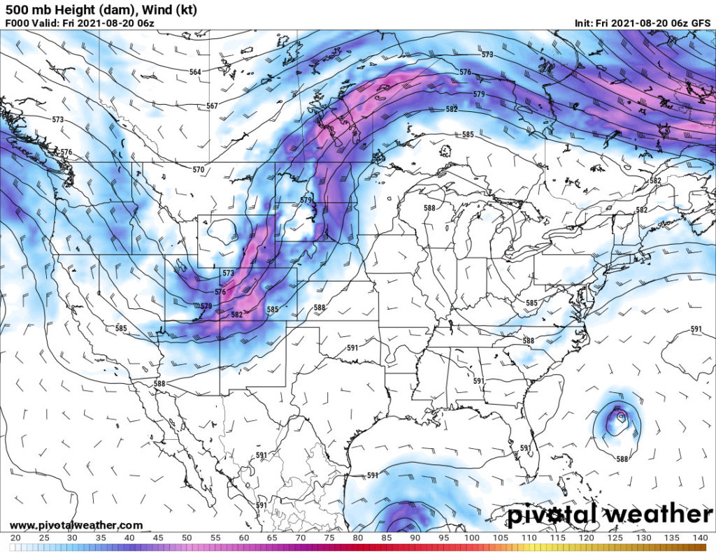 500 mb wind map of the United States valid 20 August, 2021 at 06:00 UTC
