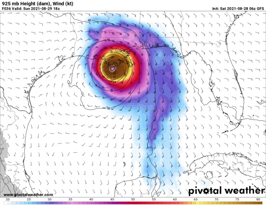 GFS Forecast for Hurricane Ida on the Gulf Coast, valid Saturday, 28 August, 2021.