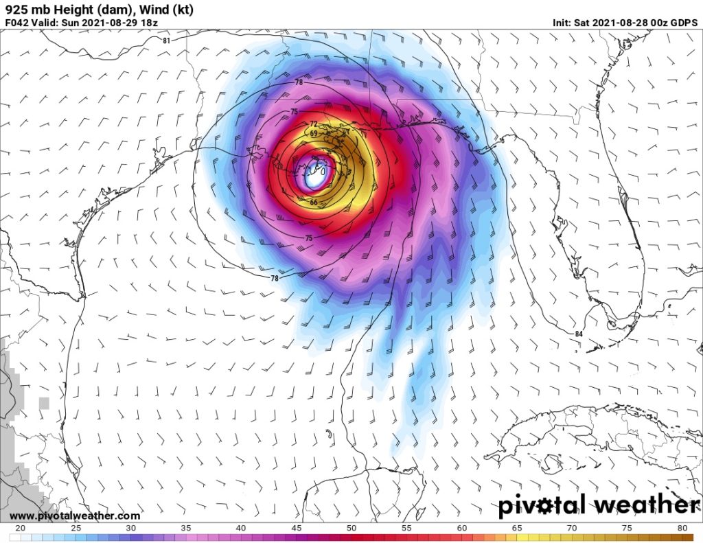 GDPS Forecast for Hurricane Ida on the Gulf Coast, valid Saturday, 28 August, 2021.