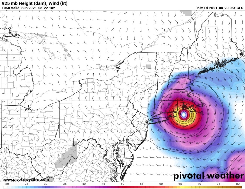 GFS Forecast for Hurricane Henri's landfall in Rhode Island in August, 2021