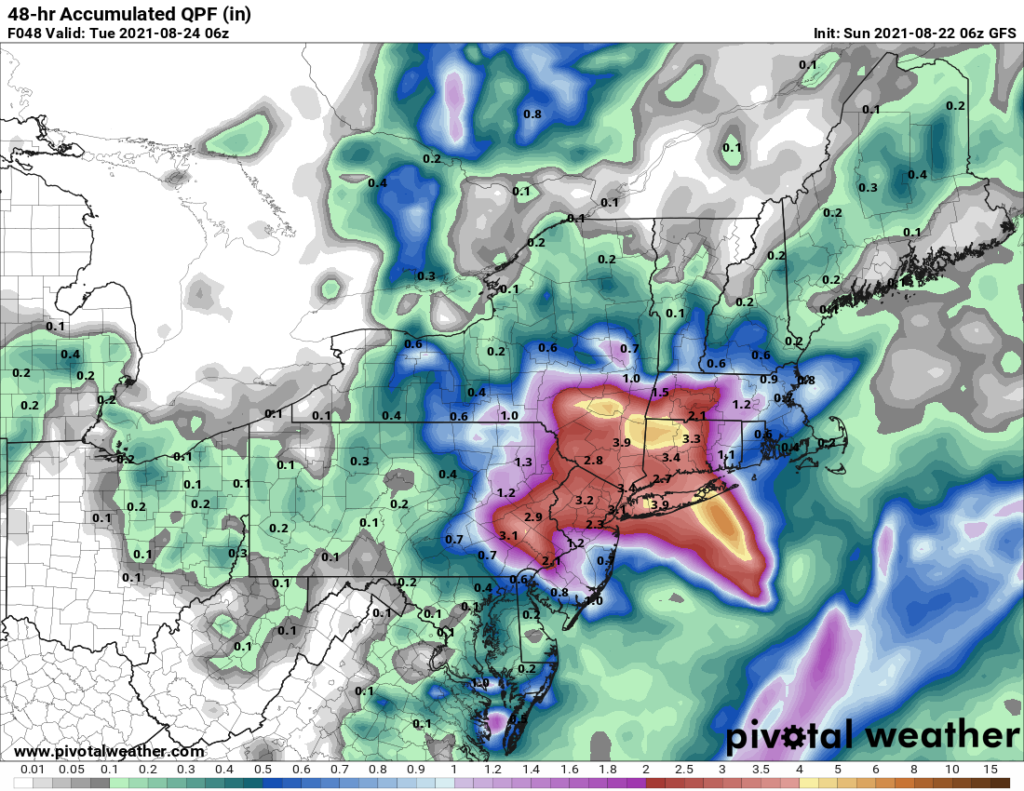 GFS Forecast rainfall totals for Hurricane Henri across New England.