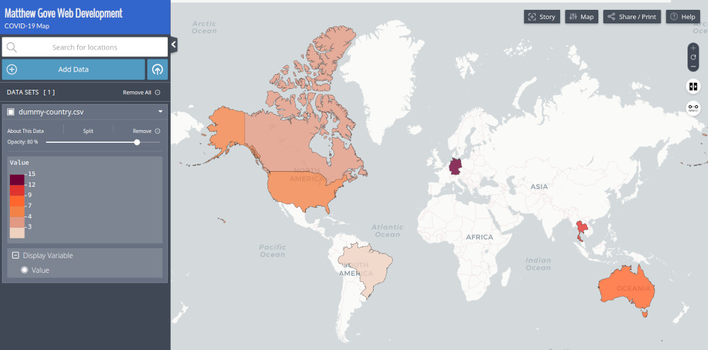 Our dummy CSV data displayed on a choropleth world map