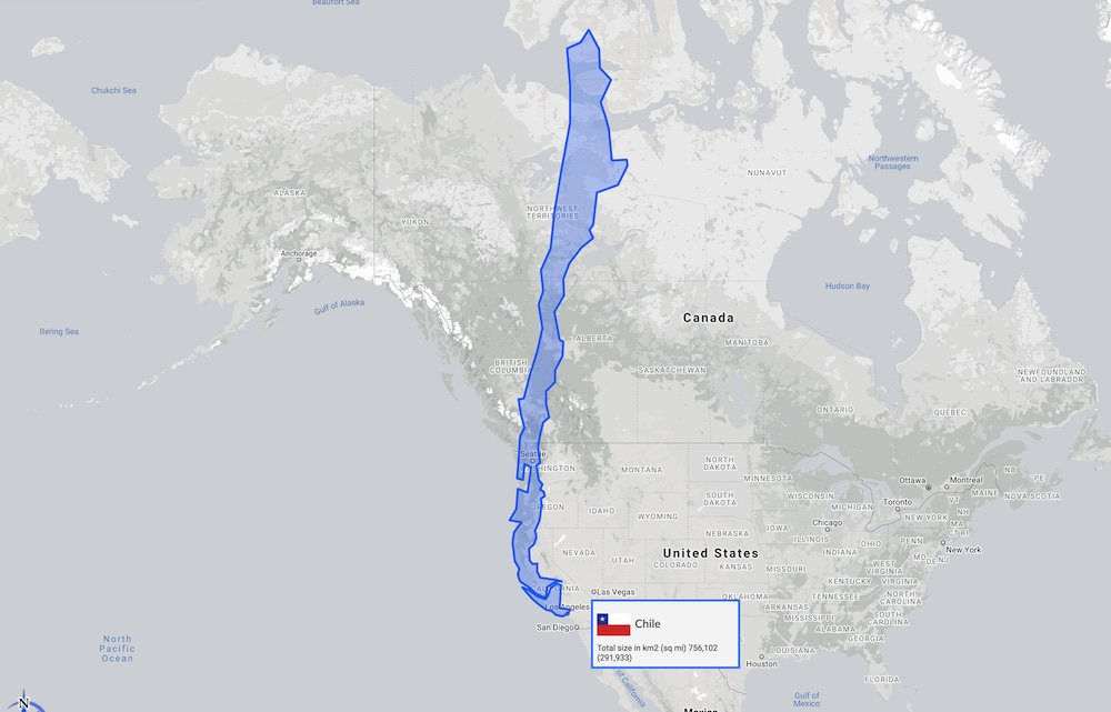 Outline of Chile overlaid on a map of the United States and Canada