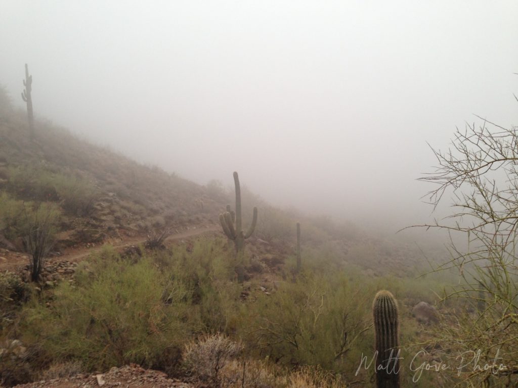 Mist shrouds the McDowell Mountains in Arizona following an overnight rain in November, 2016