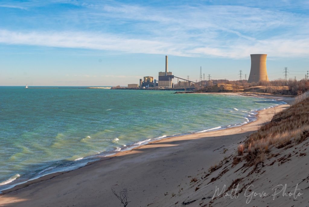 A power plant sits on the shores of Lake Michigan near Indiana Dunes National Park
