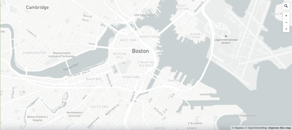 Mapbox map of Boston, in a light grey color scheme