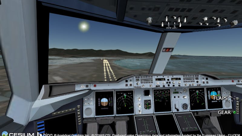 Screenshot of a cockpit from a flight simulator built on Cesium's 3D mapping technology