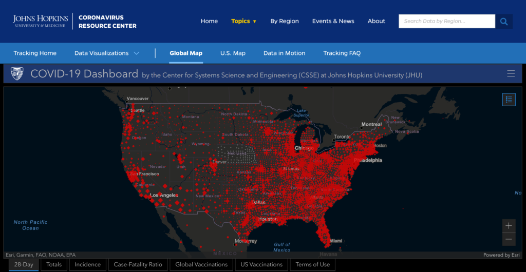 Interactive map on Johns Hopkins University's COVID-19 dashboard