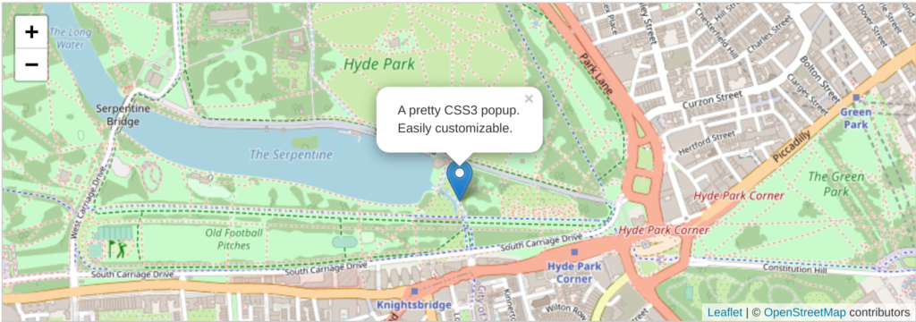 A popup box on a sample Leaflet interactive map