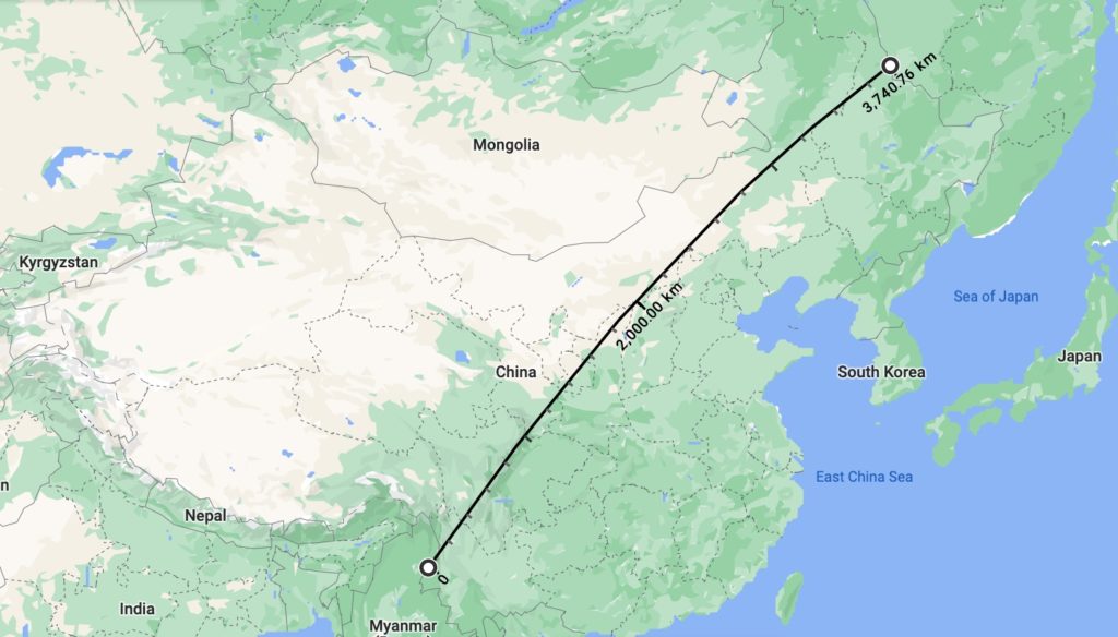 China's Heihe-Tengchong Line on a map